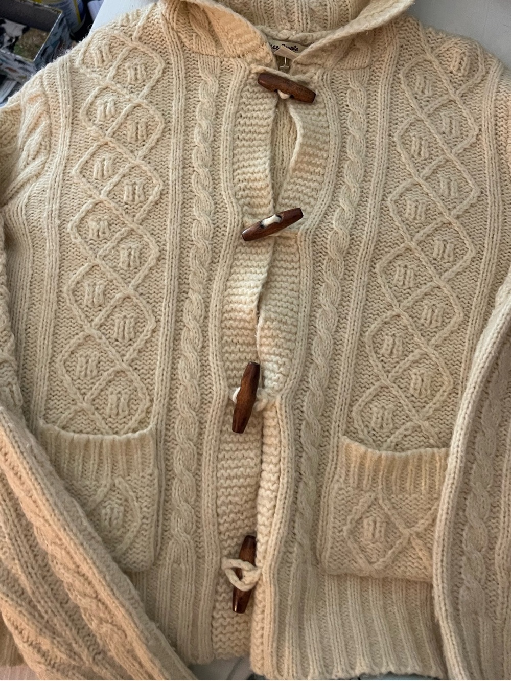Cream Cable Knit Hooded Toggle Cardigan by free people size s